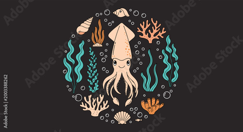 Cute cartoon squid surrounded by coral, seaweed, and seashells in a circular marine life composition for ocean themed design.