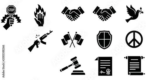 Collection of diverse vector graphic icons symbolizing peace and conflict resolution