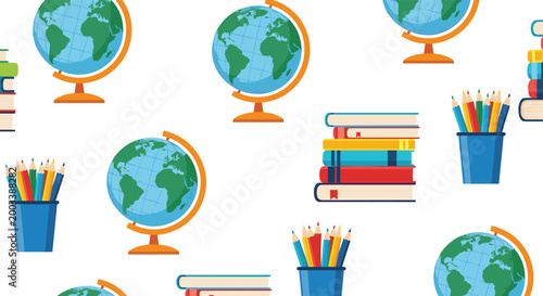 Educational seamless pattern with globes, stacks of books, and colored pencils for back to school and learning themes.