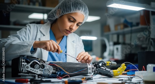 Biomedical engineer adjusting complex 3D-printed prosthetic arm on workbench in hospital lab.