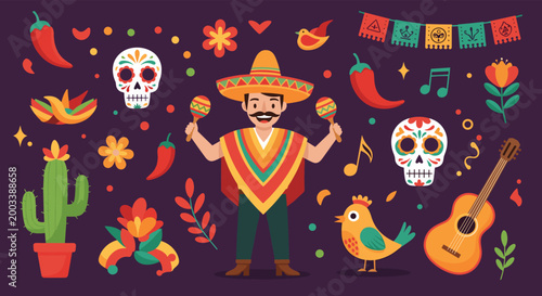 Large set of colorful mexican icons including a man in a poncho, skulls, guitar, cactus, and maracas for festive cultural holiday designs.