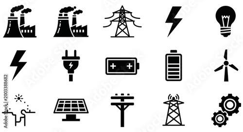 Black and white vector icons representing various energy generation sources