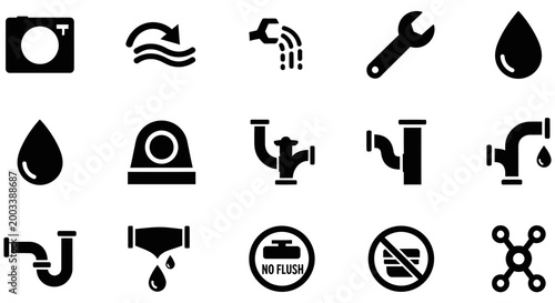 Set of black plumbing icons for professional repair design projects