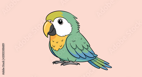 Chubby cartoon parrot with green feathers, a yellow chest, and a large beak on a light pink background for tropical bird illustrations.