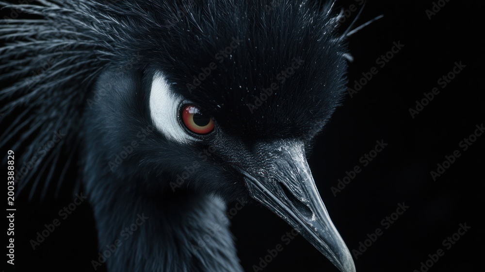 Fototapeta premium Close-up black crane portrait against black background. Possible stock photo use nature, wildlife