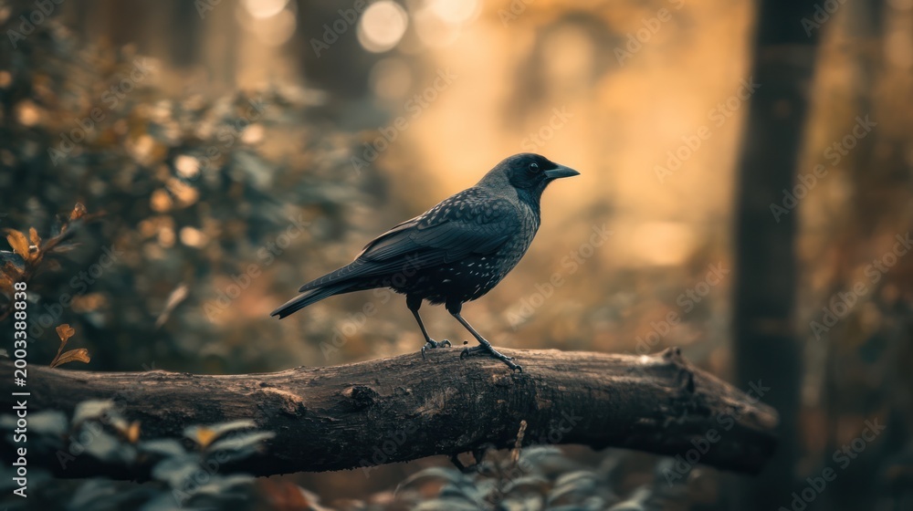 Fototapeta premium Black bird on branch in forest at dawn. Possible use Nature photography
