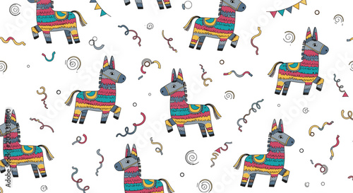 Seamless pattern of colorful donkey pinatas and festive streamers on a white background for traditional mexican party celebration decor.