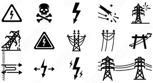 Collection of vector hazard icons representing high voltage electrical power