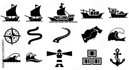 Various nautical travel icons depicted as a flat vector graphic