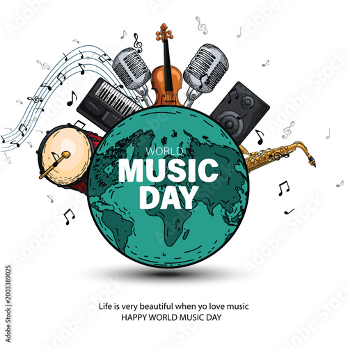happy world music day event and musical instruments with light background. abstract vector illustration design
