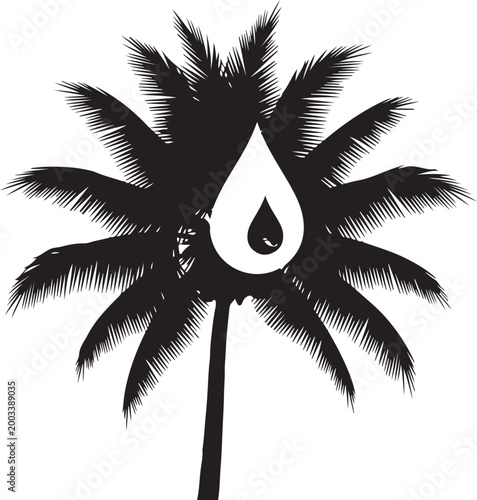 Black silhouette of a palm tree with a white water drop black and white symbol