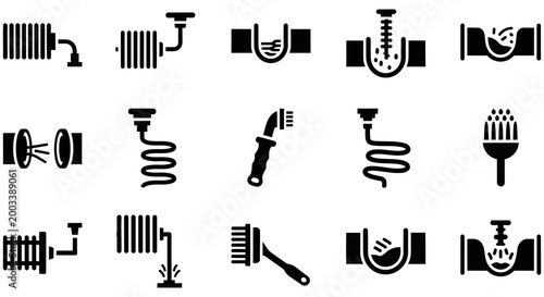 Set of black vector icons representing industrial pipe cleaning tools