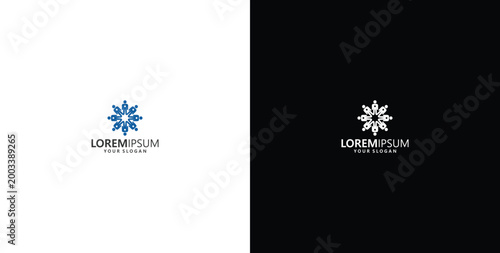 Elegant blue flower logo design with text placeholder for brand name and slogan on white and black backgrounds