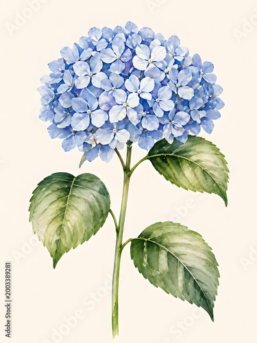 Blue hydrangea flower botanical illustration isolated on neutral background