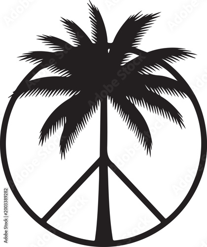 Black silhouette of a palm tree inside a peace symbol black and white tropical
