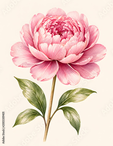 Pink peony flower botanical illustration isolated on neutral background