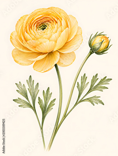 Yellow ranunculus flower botanical illustration isolated on neutral background