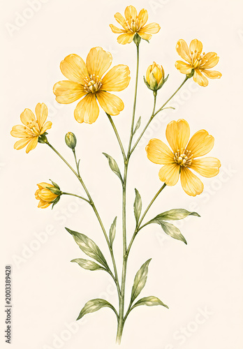 Yellow wildflowers botanical illustration with multiple blossoms isolated on neutral background