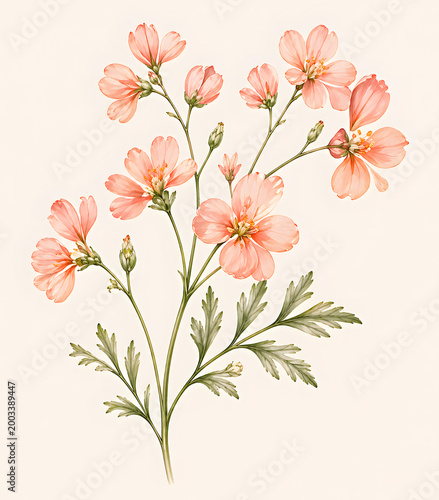 Coral wildflowers botanical illustration with multiple blossoms isolated on neutral background