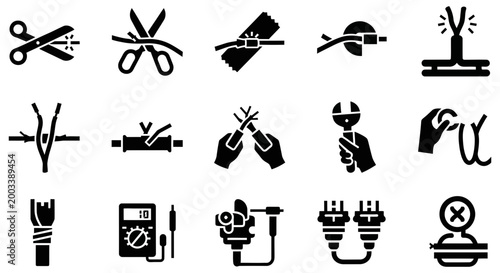 Set of black vector icons representing various electrical repair tools