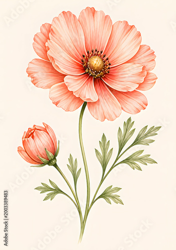 Delicate coral flower botanical illustration isolated on neutral background
