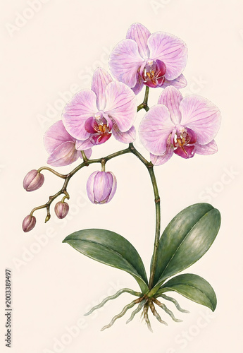 Elegant pink orchid botanical illustration isolated on neutral background