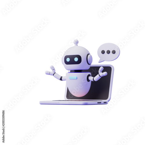 Artificial intelligence chatbot 3D vector, cute robot assistant on laptop screen for online customer support service