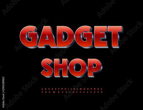 Vector Modern signboard Gadget Shop. Trendy Red and Metallic Font. Unique 3D Alphabet Letters and Numbers set.