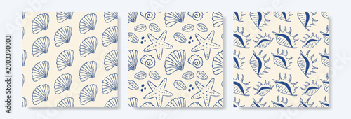 Three patterned panels show ocean-themed designs in blue on cream. Each panel features different sea motifs like shells, starfish, and fish. Patterns are stylized with simple lines
