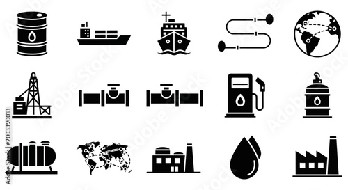 Set of black oil and gas industry vector graphic icons