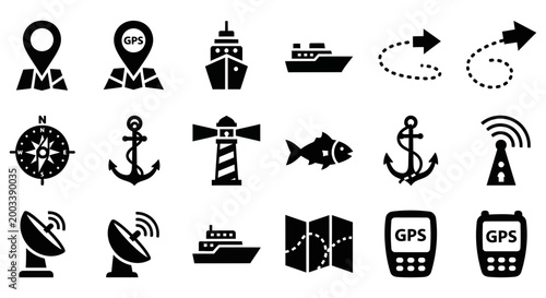 Collection of various maritime navigation and ocean travel vector icons