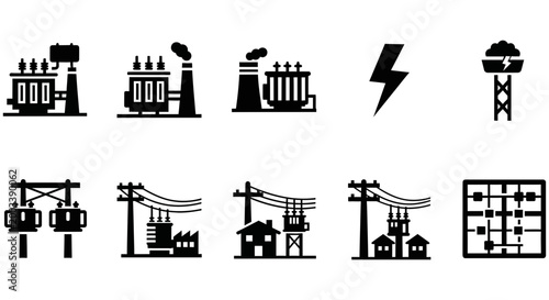 Set of black power utility and electrical infrastructure vector icons