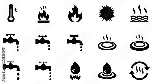 Set of black vector icons representing water and heat symbols