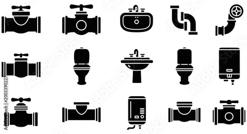 Set of black plumbing icons featuring various bathroom fixture designs