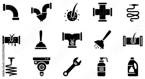 Set of plumbing vector icons for drain cleaning service maintenance