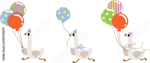 Three cartoon geese are running with colorful balloons tied to their tails outdoors