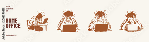Stressed remote worker laptop headache burnout home office set. People sitting at desks holding head in tension while using computers. Illustrations for remote work stress in sketch style.