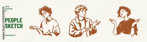 People shrugging confused gesture question emotion set. Characters raising hands expressing doubt and misunderstanding. Illustrations for communication icons in crayon drawn style.