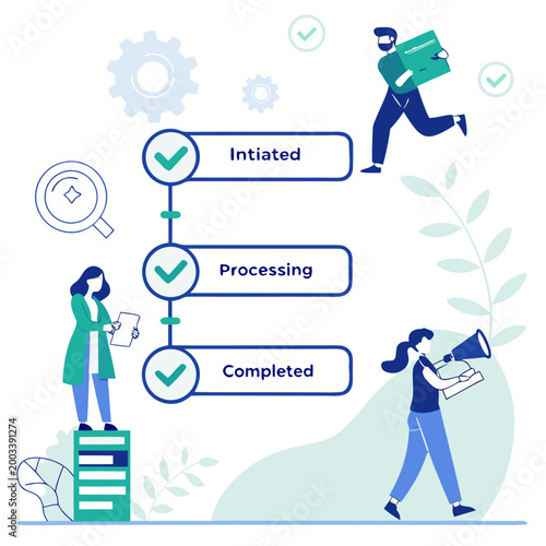 Workflow process with initiated, processing, and completed stages