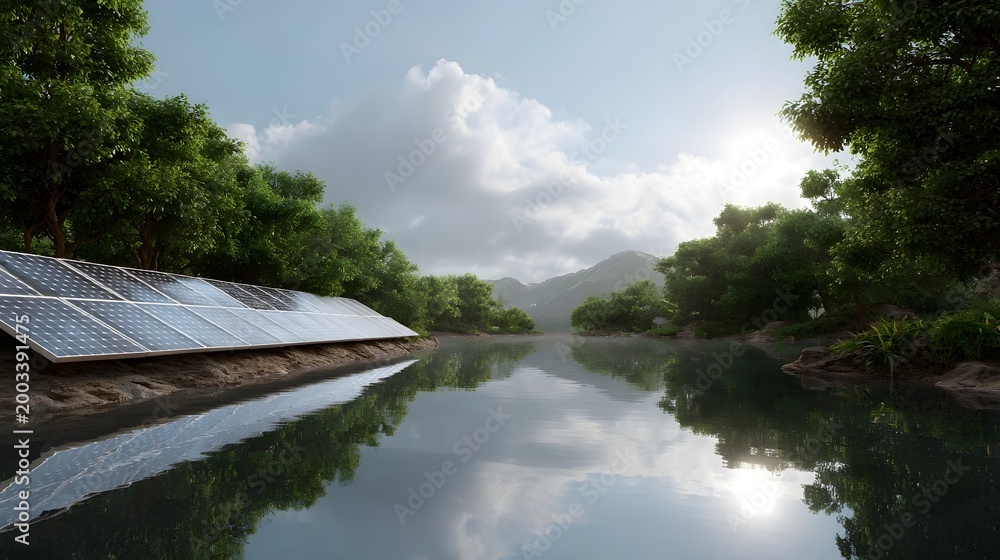 Fototapeta premium Solar panels are integrated into a peaceful natural landscape alongside a reflective river under a bright cloudy sky