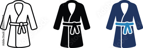 Rounded flat bathrobe vector icon set in black and blue minimalist style, editable spa and wellness apparel symbol collection for beauty branding and hotel service graphics