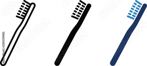 Rounded flat toothbrush vector icon set in black and blue minimalist style, editable dental hygiene symbol collection for healthcare branding and oral care infographics