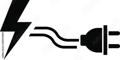Lightning bolt symbol connects to an electrical plug in a crisp graphic representation of high voltage energy and power connectivity.
