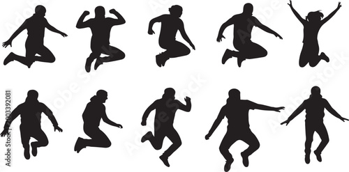 Set of jumping people silhouettes in various dynamic poses and movements  isolated on white