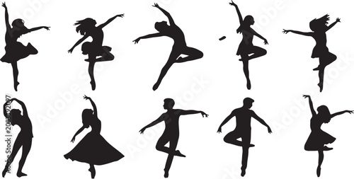 Silhouettes of people dancing in various poses and movements together