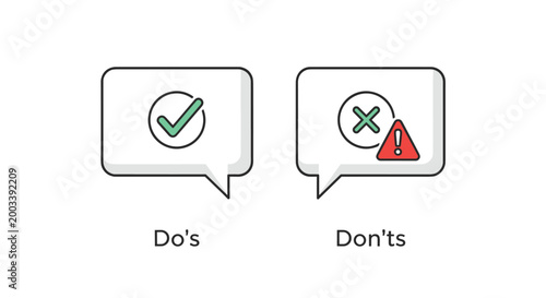 Educational illustration of do's and don'ts using speech bubbles with a green checkmark and a red cross with warning sign.