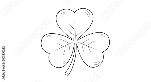 Minimalist black outline drawing of a three leaf clover or shamrock with vein details isolated on a white background.