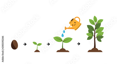 Diagram showing the life cycle of a plant from a seed to a sprout and finally a full grown tree with a watering can.