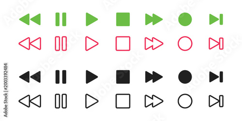 Collection of media player control icons in various colors and styles