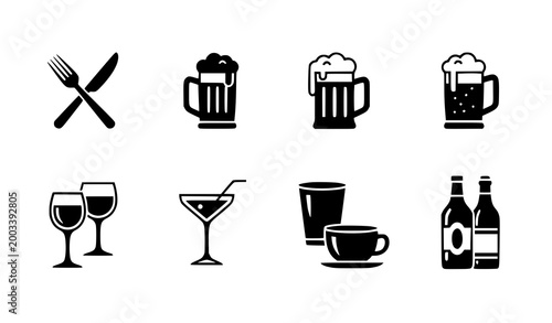 Food and Drink Icon Set with Beer Mug Wine Glass Cocktail Coffee Cup Bottles and Restaurant Symbols for Bar Menu Catering and Beverage Design